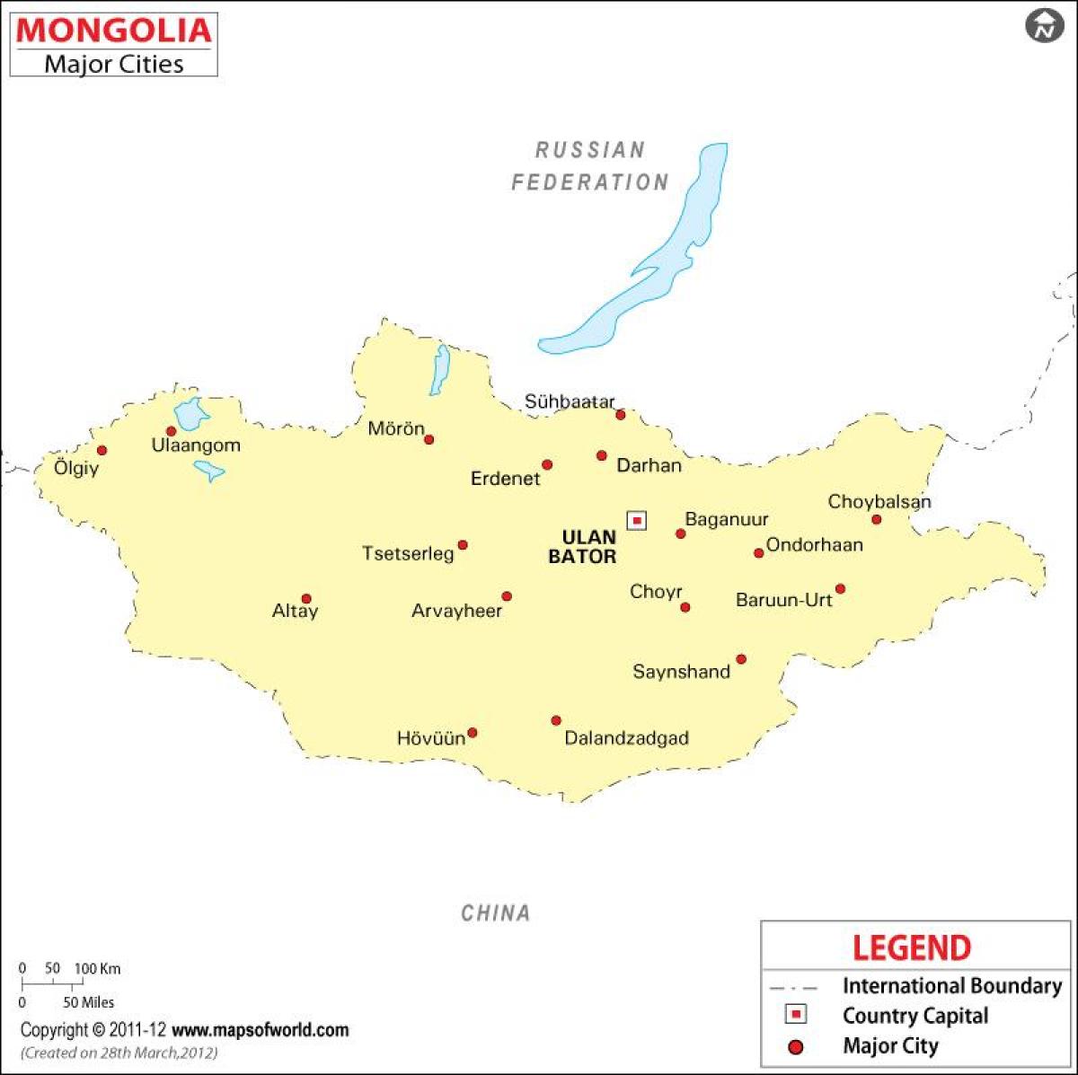 मंगोलिया के नक्शे के साथ शहरों
