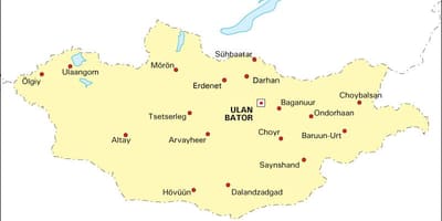 मंगोलिया के नक्शे के साथ शहरों